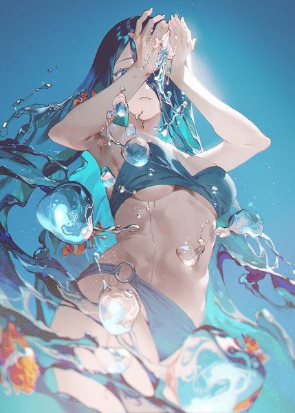 Anime picture 1072x1500 with original fajyobore single long hair tall image fringe breasts light erotic black hair standing blurry hair over one eye arms up from below armpit (armpits) underboob anaglyph girl swimsuit bikini