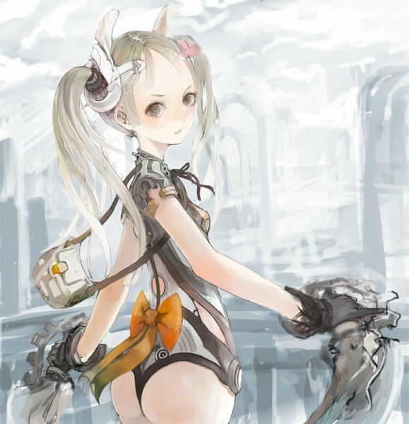 Anime picture 1156x1197 with original asme (m a l d o) single long hair tall image blonde hair twintails looking back grey eyes girl gloves bow bag bodysuit