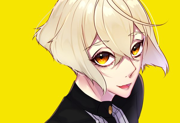 Anime picture 3421x2345 with touken ranbu nitroplus higekiri (touken ranbu) motsuni (lxxe1120) single looking at viewer fringe highres short hair open mouth simple background blonde hair hair between eyes yellow eyes absurdres from above yellow background boy