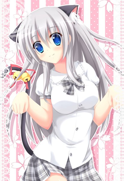 Anime picture 2031x2952 with angel koman single long hair tall image blush highres blue eyes animal ears white hair cat ears cat girl cat tail girl skirt miniskirt shirt bell