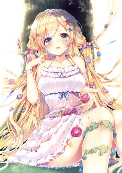 Anime picture 2342x3300 with original eshi 100-nin ten ayuma sayori single tall image looking at viewer blush fringe highres open mouth blonde hair sitting bare shoulders outdoors braid (braids) very long hair hair flower sleeveless halterneck backlighting