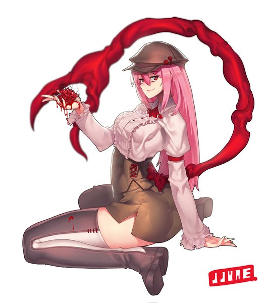 Anime picture 1030x1163 with original jjune single long hair tall image looking at viewer simple background smile red eyes white background pink hair girl flower (flowers) boots blood thigh boots flat cap