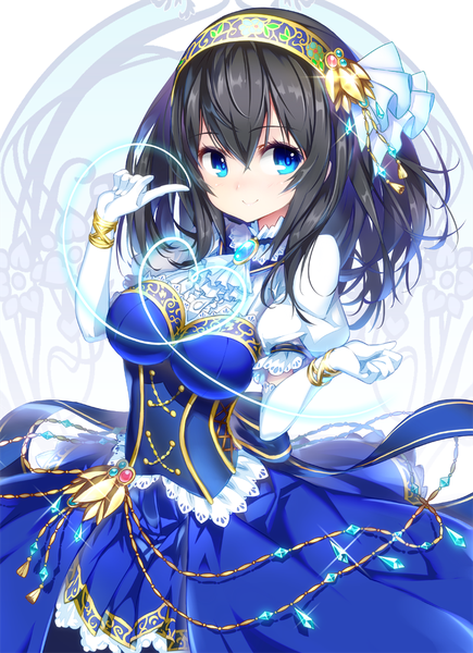 Anime picture 725x1000 with idolmaster idolmaster cinderella girls sagisawa fumika hong (white spider) single long hair tall image fringe breasts blue eyes black hair smile hair between eyes large breasts looking away short sleeves floral print bright memories girl dress