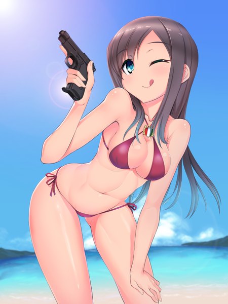 Anime picture 2400x3200 with strike witches federica n doglio a9b (louis814) single long hair tall image looking at viewer blush highres breasts light erotic black hair smile large breasts standing bare shoulders holding sky cloud (clouds) one eye closed