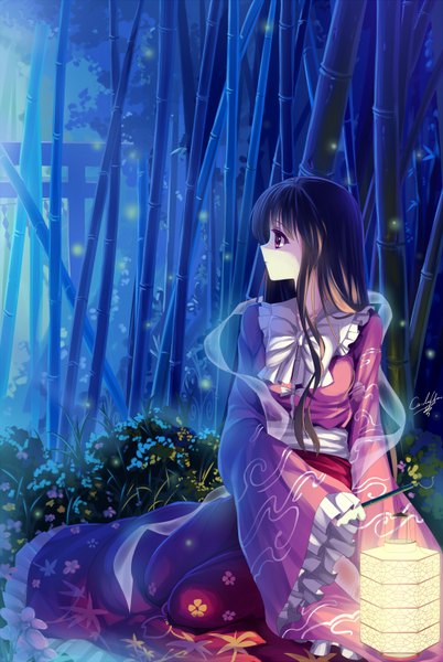 Anime picture 1000x1491 with touhou houraisan kaguya caidychen single long hair tall image black hair purple eyes japanese clothes profile night girl dress flower (flowers) bow ribbon (ribbons) plant (plants) lantern fireflies bamboo