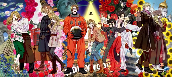 イラスト 1770x800 と ヘタリア Axis Powers スタジオディーン united kingdom (hetalia) america (hetalia) russia (hetalia) china (hetalia) france (hetalia) 長髪 highres 短い髪 青い目 黒髪 金髪 wide image 紫目 ツインテール multiple girls 緑の目 eyes closed traditional clothes