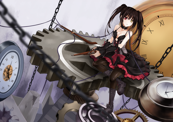 Anime picture 1565x1107 with date a live tokisaki kurumi qiuzhi huiyi single long hair black hair twintails bare shoulders heterochromia girl thighhighs dress ribbon (ribbons) weapon black thighhighs boots gun chain clock gears