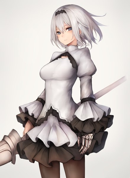 Anime picture 1000x1364 with original snm (sunimi) single tall image looking at viewer blush fringe short hair blue eyes simple background hair between eyes standing holding silver hair long sleeves wind grey background wide sleeves puffy sleeves mechanical arms