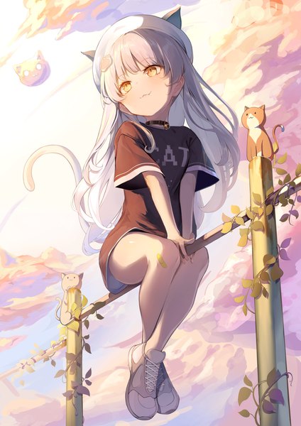 Anime picture 4000x5658 with original dampi single long hair tall image blush fringe highres smile sitting animal ears yellow eyes looking away absurdres sky silver hair cloud (clouds) full body bent knee (knees) outdoors