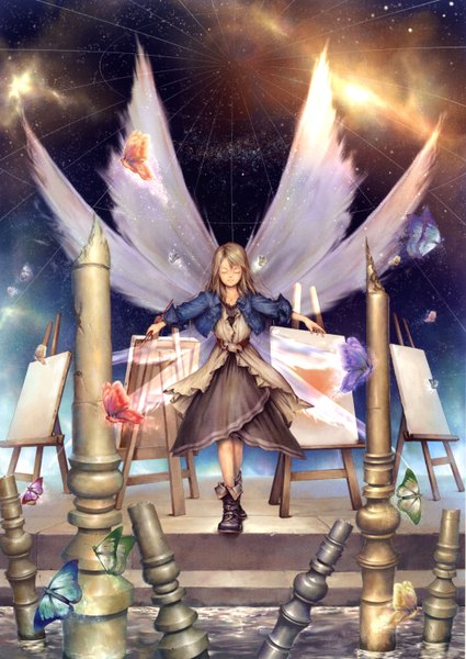 Anime picture 2116x2984 with original akizawa machi (artist) single long hair tall image highres brown hair eyes closed space insect wings butterfly wings painting girl skirt wings insect butterfly long skirt easel