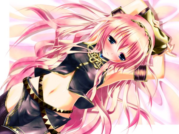 Anime picture 1200x900 with vocaloid megurine luka nironiro long hair blush blue eyes pink hair lying very long hair armpit (armpits) midriff girl thighhighs navel hairband