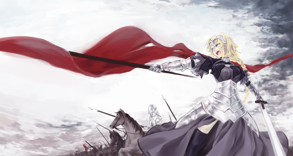 Anime picture 1200x643 with fate (series) fate/apocrypha type-moon jeanne d'arc (fate) (all) jeanne d'arc (fate) long hair fringe breasts open mouth blonde hair wide image purple eyes sky cloud (clouds) braid (braids) screaming army girl thighhighs dress