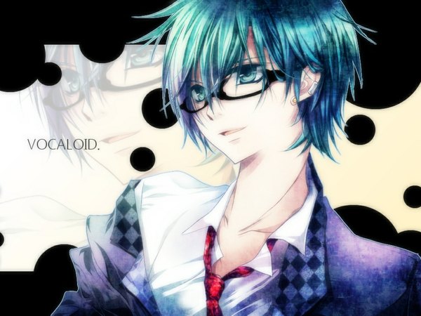 Anime picture 1024x768 with vocaloid hatsune mikuo single short hair open mouth blue eyes blue hair boy earrings glasses necktie