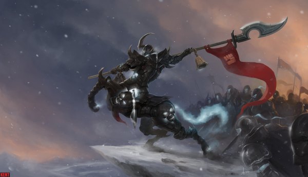 Anime picture 1920x1109 with league of legends hecarim (league of legends) tagme (artist) highres wide image sky snowing winter snow exhalation battle army boy weapon armor bell skull helmet fist spear