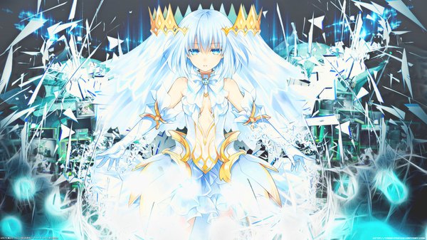Anime picture 1366x768 with date a live tobiichi origami tsunako single looking at viewer fringe short hair breasts blue eyes light erotic hair between eyes wide image standing bare shoulders cleavage silver hair parted lips no bra alternate costume magic