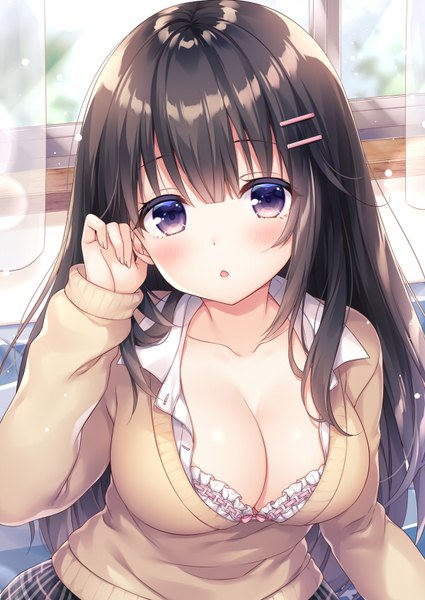 Anime-Bild 600x847 mit original mitsuba choco single long hair tall image looking at viewer blush fringe breasts open mouth light erotic black hair hair between eyes large breasts standing purple eyes payot cleavage long sleeves :o