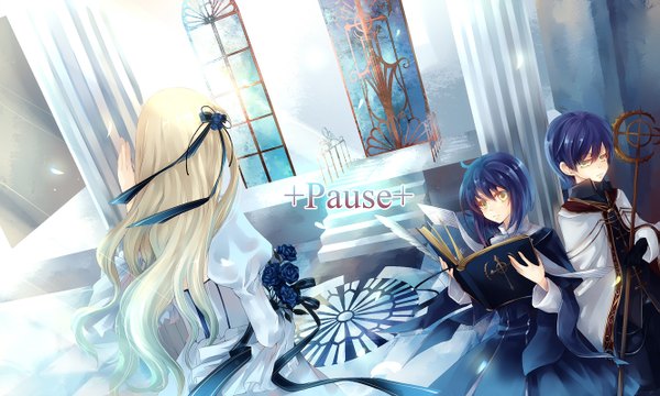 Anime picture 1333x800 with pause dhiea seville mo seville sin vin tillobelen dhiea long hair short hair blonde hair wide image multiple girls yellow eyes purple hair girl dress boy 2 girls rose (roses) book (books) staff