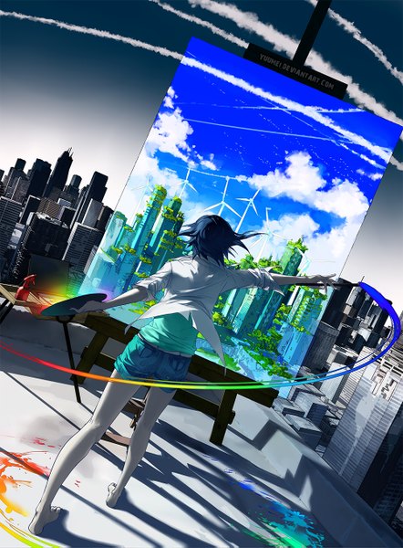 Anime picture 1000x1357 with original yuumei single tall image short hair blue hair sky cloud (clouds) barefoot from behind cityscape no face multicolored painting girl shirt shorts picture paintbrush paint