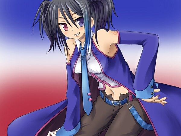 Anime picture 1024x768 with utau yokune ruko black hair smile twintails blue hair midriff heterochromia detached sleeves necktie