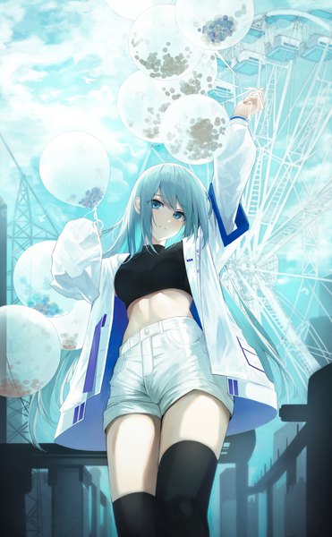Anime picture 2771x4477 with original neiless neiro single long hair tall image looking at viewer fringe highres blue eyes standing holding blue hair sky cloud (clouds) outdoors long sleeves parted lips arm up open jacket from below