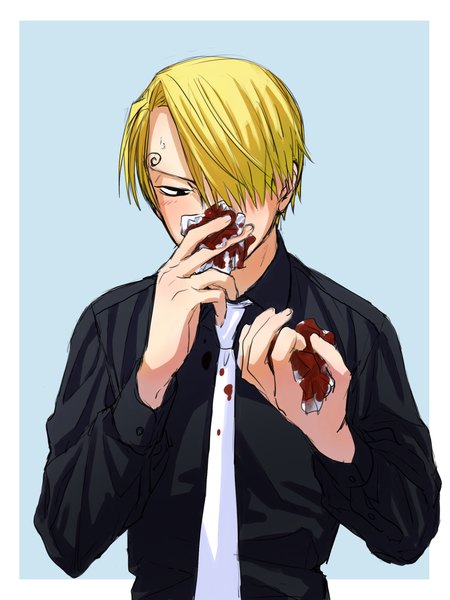 Anime picture 2048x2732 with one piece toei animation sanji 4myaku1 single tall image fringe highres short hair simple background blonde hair upper body hair over one eye border blue background eyebrows outside border bloody clothes bleeding nosebleed