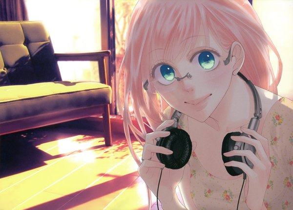 Anime picture 4028x2885 with vocaloid just be friends (vocaloid) megurine luka yunomi (yunomi imonuy) single long hair highres smile pink hair aqua eyes lips alternate hairstyle headphones around neck bespectacled girl glasses headphones jewelry ring hands