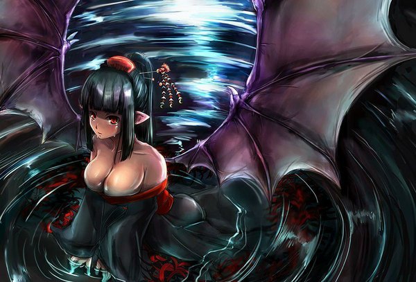 Anime picture 1031x700 with original nagamine (catoko) single long hair looking at viewer breasts light erotic black hair red eyes large breasts standing bare shoulders cleavage ponytail traditional clothes japanese clothes pointy ears bat wings girl dress
