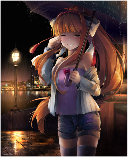 Anime picture 786x967 with doki doki literature club monika (doki doki literature club) takuyarawr single long hair tall image fringe smile standing bare shoulders holding green eyes signed payot looking away outdoors ponytail blunt bangs long sleeves one eye closed