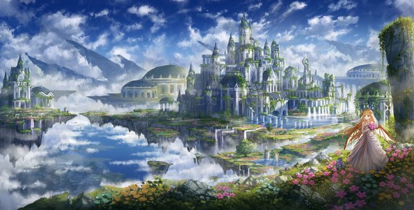 Anime picture 4105x2082 with original botamochi single long hair highres blonde hair wide image standing yellow eyes looking away absurdres sky cloud (clouds) full body outdoors city cityscape scenic architecture floating island