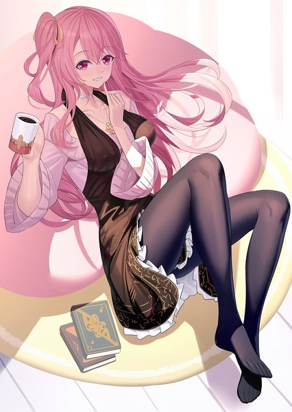 Anime picture 1000x1407 with original emily stock ririko (zhuoyandesailaer) single long hair tall image looking at viewer fringe breasts light erotic simple background smile hair between eyes bare shoulders holding pink hair full body bent knee (knees) pink eyes from above