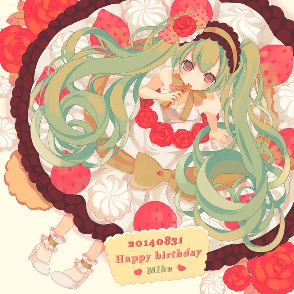 Anime picture 800x800 with vocaloid hatsune miku miri (cherryjelly) single looking at viewer fringe hair between eyes twintails full body very long hair pink eyes green hair from above high heels dated happy birthday girl dress white dress lolita hairband