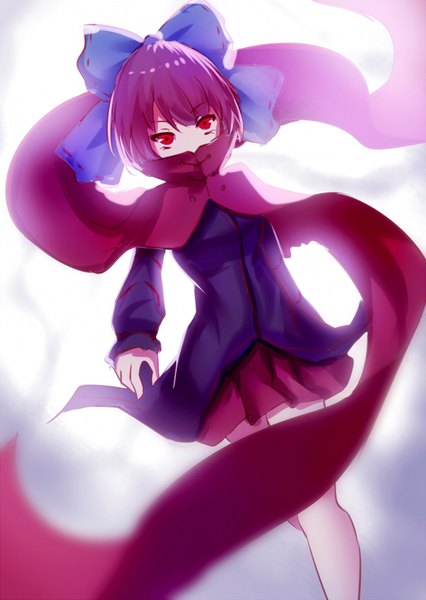 Anime picture 600x845 with touhou sekibanki meng xiao jiong single tall image looking at viewer fringe short hair simple background red eyes purple hair long sleeves wind bare legs dutch angle light outstretched hand girl skirt bow