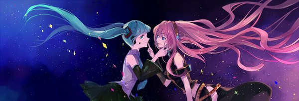 Anime picture 3000x1019 with vocaloid hatsune miku megurine luka nanjou (sumeragimishiro) looking at viewer highres open mouth blue eyes wide image twintails multiple girls pink hair very long hair nail polish profile wind aqua hair finger to mouth girl 2 girls