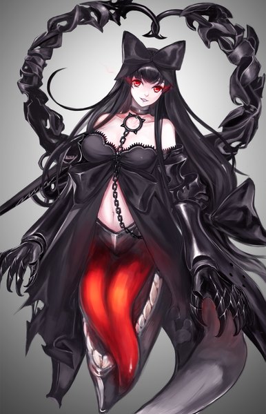 Anime picture 1447x2250 with kantai collection seaplane tender hime ytoy single long hair tall image looking at viewer black hair red eyes bare shoulders teeth glowing glowing eye (eyes) girl dress gloves bow hair bow tongue chain