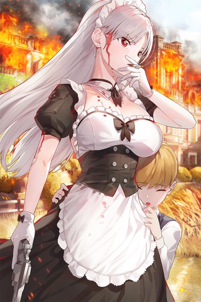 Anime picture 821x1230 with original kfr long hair tall image fringe short hair breasts open mouth blonde hair red eyes large breasts standing looking away cleavage silver hair outdoors eyes closed arm up wind short sleeves