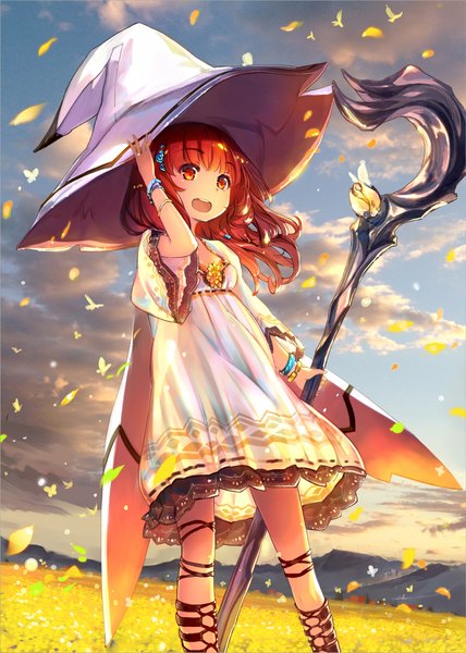 Anime picture 1600x2240 with original virus (obsession) single long hair tall image blush fringe open mouth red eyes standing sky cloud (clouds) outdoors red hair wind short sleeves mountain adjusting hat field girl
