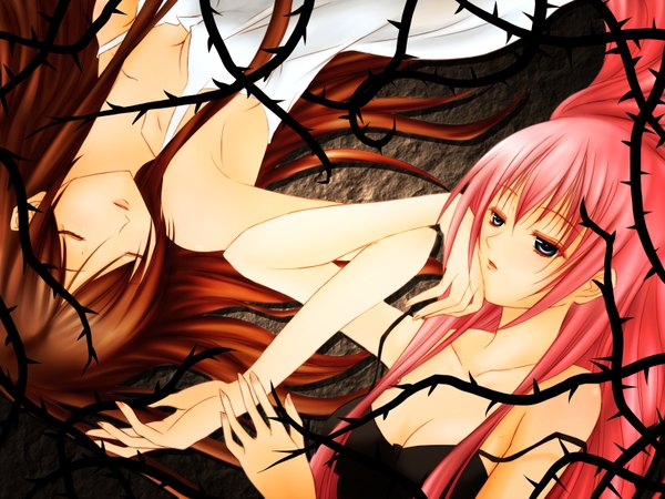 Anime picture 1600x1200 with vocaloid megurine luka meiko harukaze tsukushi long hair short hair blue eyes brown hair multiple girls pink hair lying eyes closed girl 2 girls sundress thorns