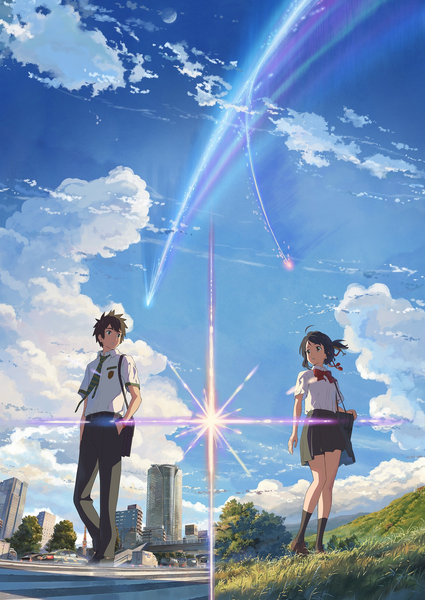 Anime picture 1417x2000 with kimi no na wa miyamizu mitsuha tachibana taki shinkai makoto tall image short hair blue eyes black hair brown eyes looking away sky cloud (clouds) official art lens flare girl boy skirt uniform school uniform shirt