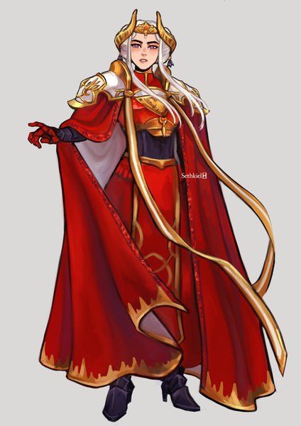 Anime picture 724x1024 with fire emblem fire emblem: three houses nintendo edelgard von hresvelg sethkiel single tall image looking at viewer short hair simple background standing purple eyes signed payot full body white hair parted lips horn (horns) high heels alternate costume