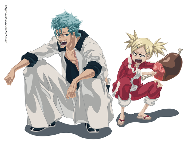Anime picture 1270x1000 with bleach studio pierrot grimmjow jeagerjaques sarugaki hiyori ioshik short hair open mouth blue eyes blonde hair twintails japanese clothes black eyes aqua hair coloring short twintails scar squat transparent background espada girl