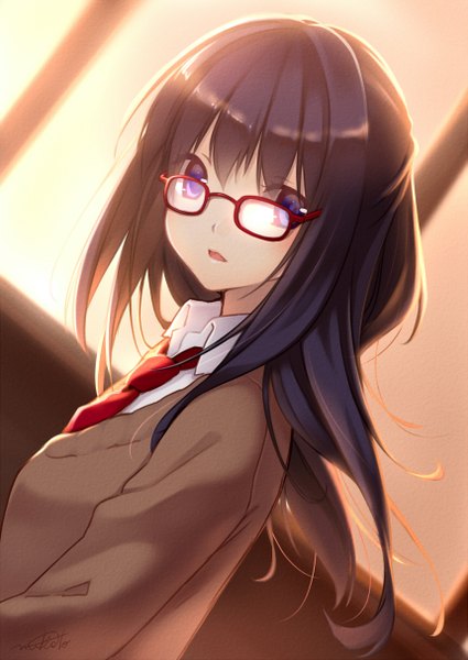 Anime picture 859x1214 with original nana mikoto single long hair tall image looking at viewer open mouth blue eyes black hair signed girl uniform school uniform glasses