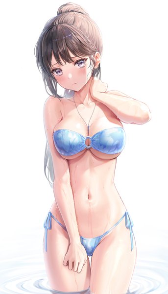 Anime picture 2201x3854 with original 0v0 (l seohui) single long hair tall image looking at viewer blush fringe highres breasts light erotic black hair simple background large breasts standing white background ponytail blunt bangs wet grey eyes