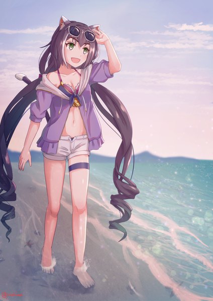 Anime-Bild 900x1273 mit princess connect! re:dive princess connect! karyl (princess connect!) yusshii single tall image fringe open mouth black hair smile twintails signed animal ears looking away sky cloud (clouds) full body tail very long hair :d
