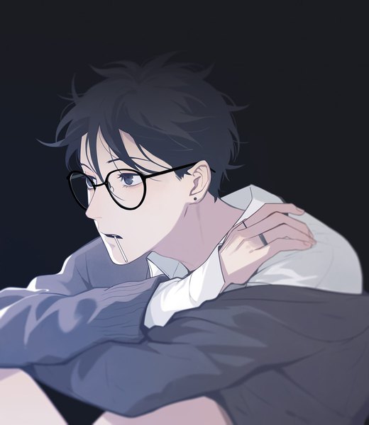 Anime picture 936x1080 with you're here djun single tall image short hair black hair simple background sitting looking away black eyes black background crossed arms boy earrings glasses food sweets ring candy lollipop