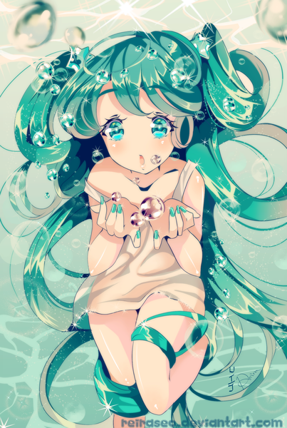 Anime picture 3279x4878 with vocaloid hatsune miku reiraseo single tall image looking at viewer highres open mouth twintails green eyes signed absurdres very long hair nail polish green hair sparkle watermark strap slip underwater girl