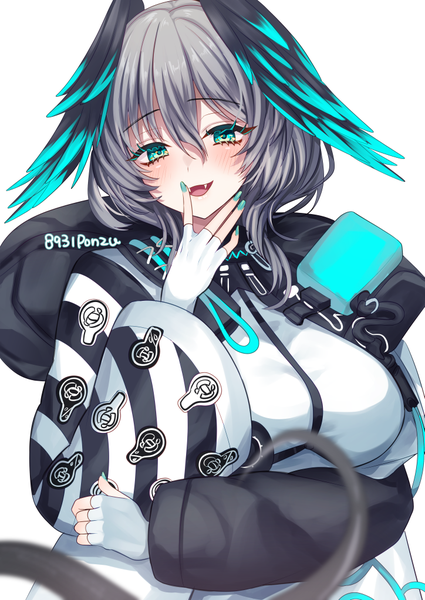 Anime picture 724x1023 with arknights ho'olheyak (arknights) hakusai ponzu single long hair tall image looking at viewer fringe open mouth simple background hair between eyes white background signed upper body nail polish :d aqua eyes grey hair head wings aqua nail polish