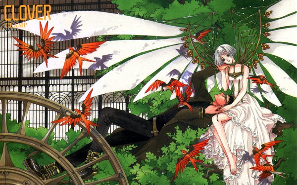 Anime picture 1920x1200 with clover (manga) clamp suu (clover) highres short hair black hair smile wide image sitting bare shoulders silver hair lying barefoot scan shadow holding hands flying mechanical wings girl dress