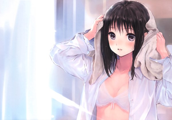 Anime picture 4701x3300 with original fujita hidetoshi single long hair looking at viewer blush highres open mouth light erotic black hair absurdres black eyes scan open shirt girl shirt lingerie bra towel