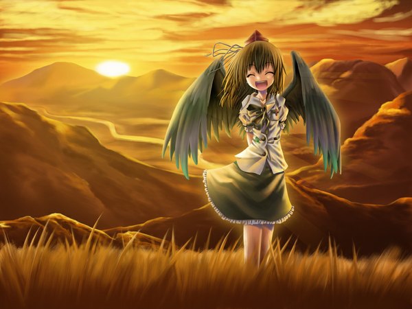Anime picture 1024x768 with touhou shameimaru aya aozora market evening sunset girl hat wings