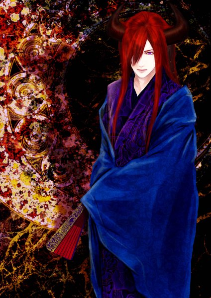 Anime picture 1280x1813 with vocaloid kamui gakupo moneynew single long hair tall image fringe highres purple eyes red hair traditional clothes japanese clothes horn (horns) hair over one eye chinese zodiac ox (chinese zodiac) boy fan closed fan